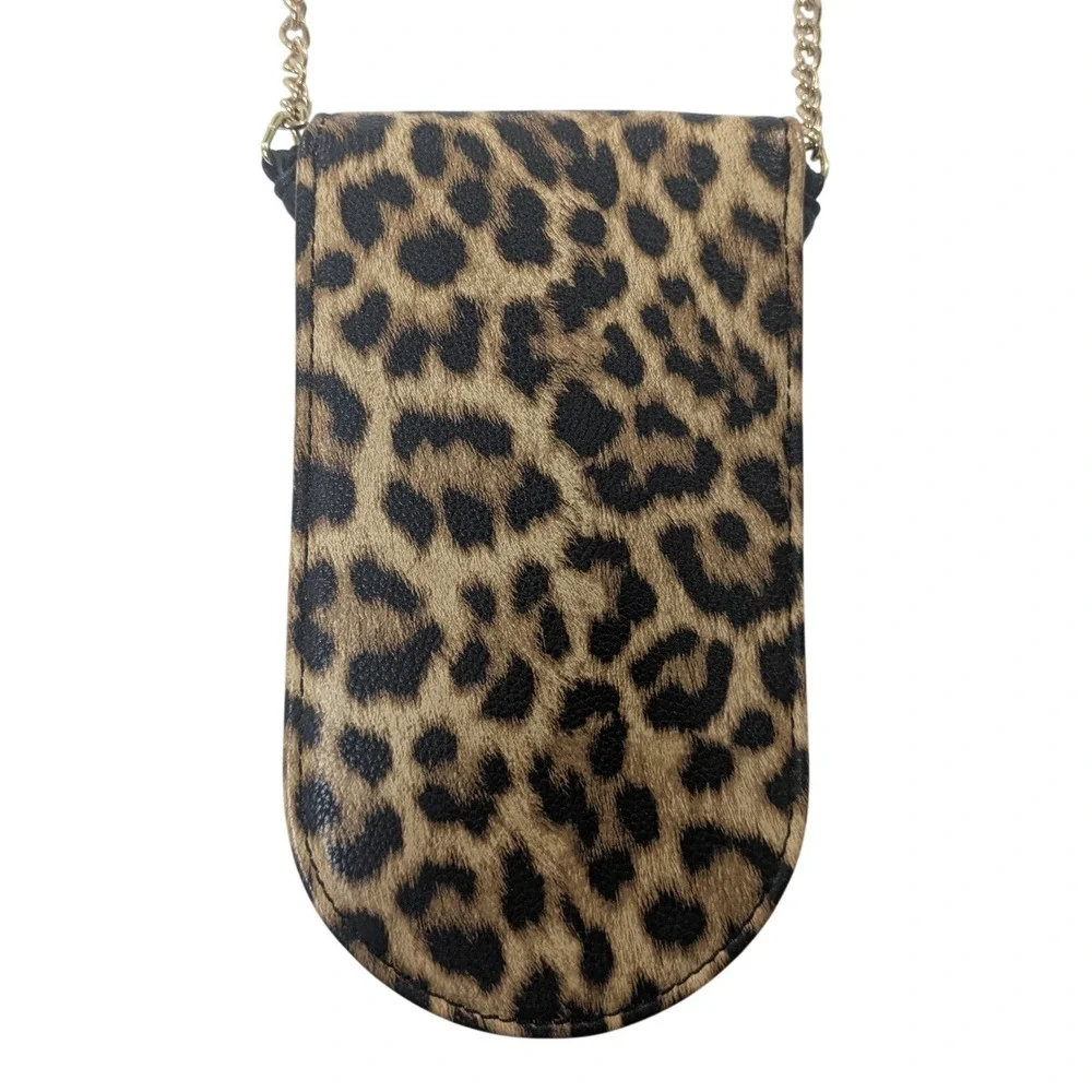 Chic Leopard Flap Mini Crossbody Phone Bag Black Faux Leather Gold Hardware